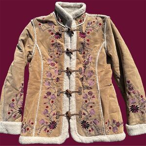 St. John's Bay Women's L Brown Suede Floral Embroidered Overcoat Vintage